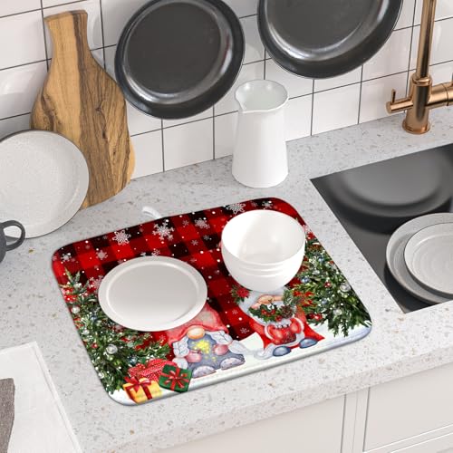 Winter Gnome Dish Drying Mat 16x18 inch Christmas Elf Trees Snowflakes Dish Drainer Mats Black Red Buffalo Plaids Fast Drying Absorbent Dish Drying Pad for Kitchen Countertop Holiday Decor