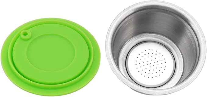 Refillable Coffee Capsule, Stainless Steel Reusable Coffee Pod, High Temperature with Food Grade Silicone Lid for Machines, Includes Scoop and Brush (Green)