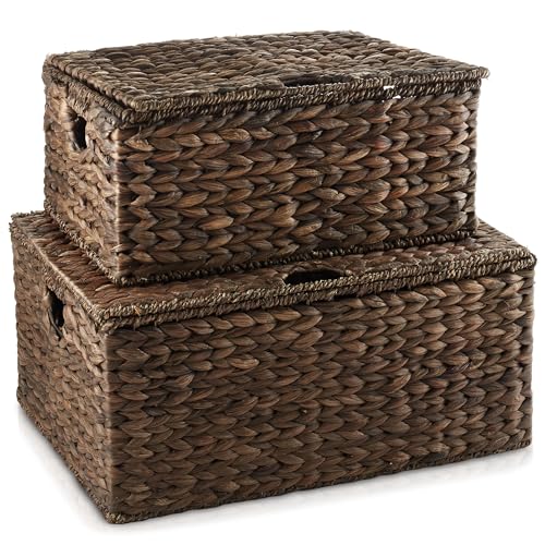 Set of 2 Water Hyacinth Rectangular Storage Baskets with Lids