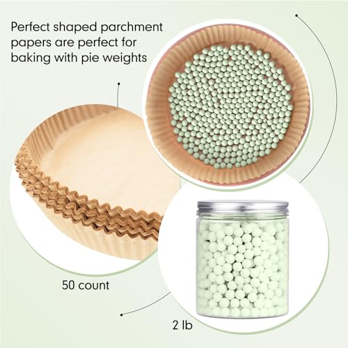 1 Pack 2 lb Light Green Pie Weights for Baking Crust Reusable Ceramic Blind Baking Beans Stoneware with 50 Pcs Disposable Parchment Paper Pie Liner Fit 8