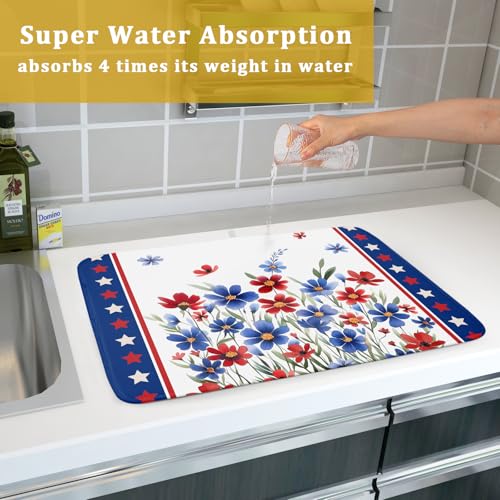 4th of July Dish Drying Mats for Kitchen Counter Patriotic Star Microfiber Absorbent Dish Drainer Rack Mat Summer Floral Independence Day Protector Sinks Dishes Pad for Countertop Table Decor 16”x18”