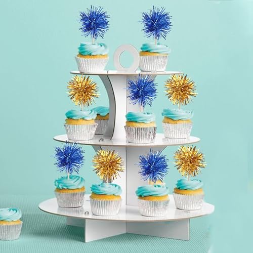 40 PCS Foil Firework Cupcake Toppers Sparkle Tinsel Cupcake Picks Fireworks Birthday Party Decorations Cocktail Fruit Toothpick for Birthday Wedding Graduation Party Decorations Supplies Gold Blue (40 Count)