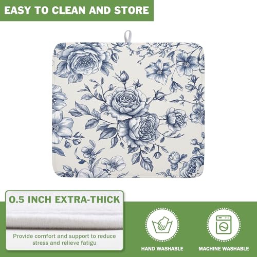 Vintage Floral Dish Drying Mat for Kitchen Counter Blue Floral Chinoiserie Pattern Dish Drying Pad 16x18 In Absorbent French Farmhouse Decor Dishes Drainer Pad Dish Dry Rack Mat for Counter Coffee Bar