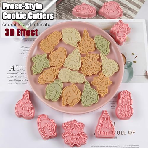 8 Pcs Halloween Cookie Cutters Set Baking Molds 3D Halloween Press type Cookie Cutter for Baking (8 Count)