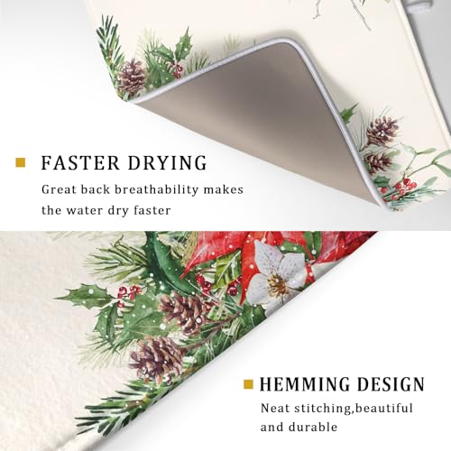 Poinsettia Dish Drying Mat for Countertop 18"x24" Christmas Red Floral Winter Holly Berries Dish Drainer Mats Absorbent Microfiber Dish Drying Pad Protector for Kitchen Home Decor Large