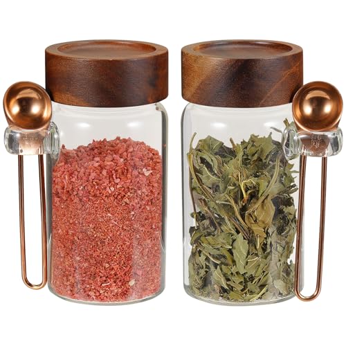 8oz Small Glass Spice Jar with Spoon Airtight Screw Wood Lid Clear Sugar Herb Container Food Storage Canisters Bottle for Seasoning Coffee Ground Bean Kitchen Tea Overnight Oats Bar