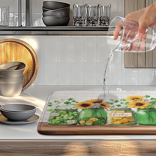 St Patricks Day Shamrock Dish Drying Mats St Patrick's Day Spring Dish Mat Sunflowers Drying Matt Dishes Dryer Pad for Kitchen Counter Absorbent Microfiber Washable Foldable Reusable 18x24 in