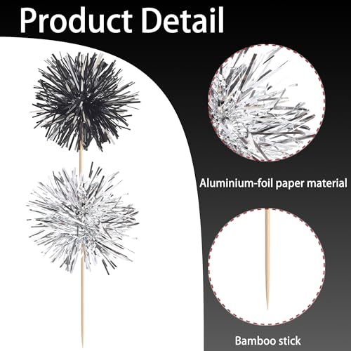40 PCS Foil Firework Cupcake Toppers Sparkle Tinsel Cupcakae Picks Foil Firework Party Decorations Cocktail Fruit Toothpick for Fireworks Theme Birthday Wedding Graduation Party Decor Black Silver (40 Count)