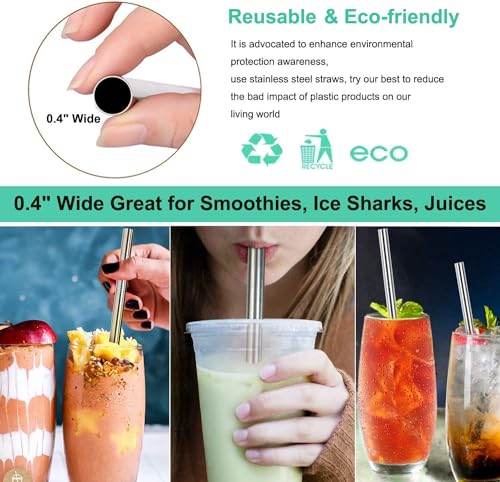 4 Pack 0.4" Wide Bore Reusable Stainless Steel Metal Smoothie Straws (4 Count)