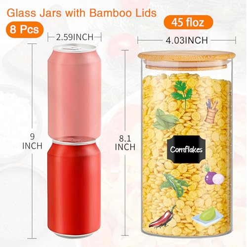 Glass Storage Jars 45 oz 4 Pcs Clear Glass Food Storage Containers with Airtight Bamboo Lid Stackable Kitchen Canisters for Candy (4 Count)
