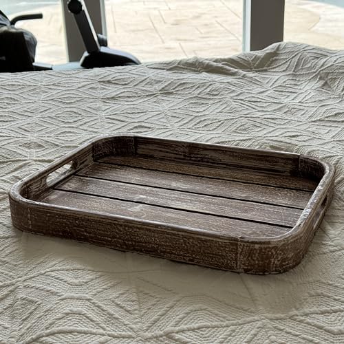 Wooden Tray 17""x13""x2"" Washed Tan Color Rounded Rectangle Stylish Rustic Farmhouse Decor Serving Platter