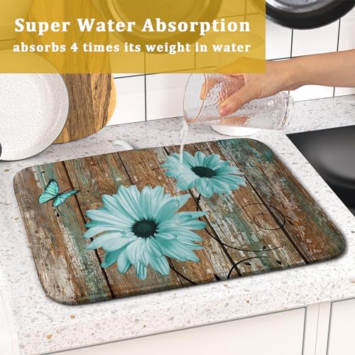 Rustic Daisy Dish Drying Mat for Kitchen Countertop 16x18 inch Fall Teal Sunflowers on Wooden Board Dish Drainer Mats Fast Drying Country Vintage Shabby Chic Flower Dish Drying Pad Cabin Decor