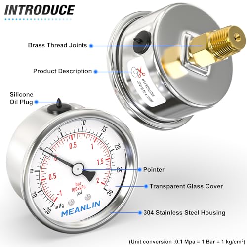 30inHG~30Psi Vacuum Gauge Stainless Steel 1