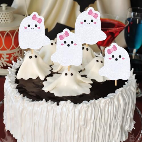 48Pcs Halloween Cupcake Toppers Pink Bow Ghost Cupcake Picks Cute Ghost Cake Decorations for Halloween Birthday Party Supplies (48 Count)