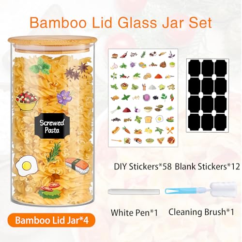 Glass Storage Jars 45 oz 4 Pcs Clear Glass Food Storage Containers with Airtight Bamboo Lid Stackable Kitchen Canisters for Candy (4 Count)