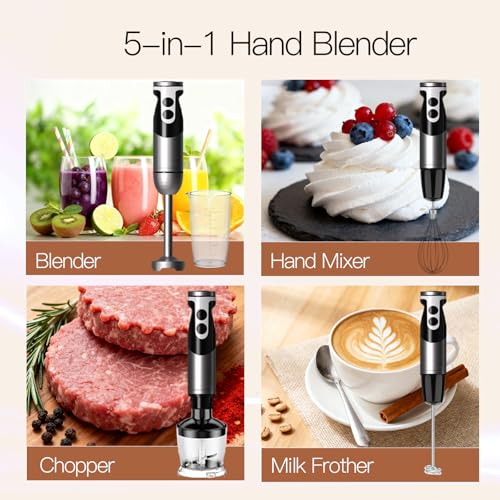 5-in-1 Hand Blender, Powerful Immersion Stick Blender with Titanium Reinforced Blades, 12-Speed Control, Includes Chopper, Beaker, Whisk & Frother for Smoothies & Baby Food