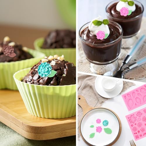 2 Pcs Rose Flowers and Leaves Chocolate Fondant Candy Silicone Molds for Cupcake Toppers