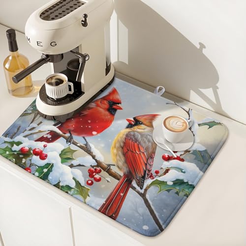 Winter Cardinal Birds Dish Drying Mat