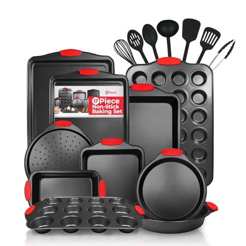 Non-Stick 17-Piece Baking Pan Set, BPA-Free Carbon Steel Bakeware Set with Silicone Handles, Stackable Kitchen Oven Set, Cookie Sheet, Baking Tray, Baking Sheet Set, Utensils, Oven Safe (446°F)