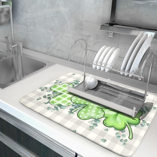 Patrick Dish Drying Mat for Kitchen Green Clovers Grey Buffalo Plaids Dish Drainer Mats 18x24inch Spring Leaf Dish Drying Rack Pad Protector for Countertop Dining Holiday Decor