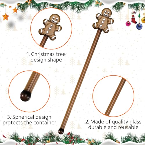 12 Pcs Christmas Glass Drink Stirrers 7 Inch Xmas Stir Sticks Reusable 3D Coffee and Cocktail Stirrers Hot Cocoa Bar Supplies for Holiday Party Favors (12 Count)