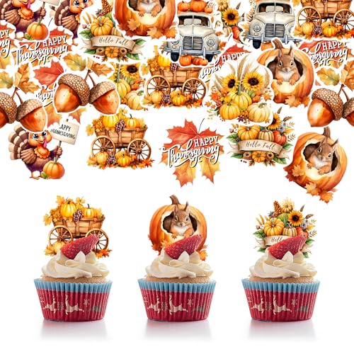 40 PCS Edible Pumpkin Day Cupcake Toppers Wafer Paper Thanksgiving Cake Decorations Picks for Autumn Thanksgiving Party Birthday Decor Supplies