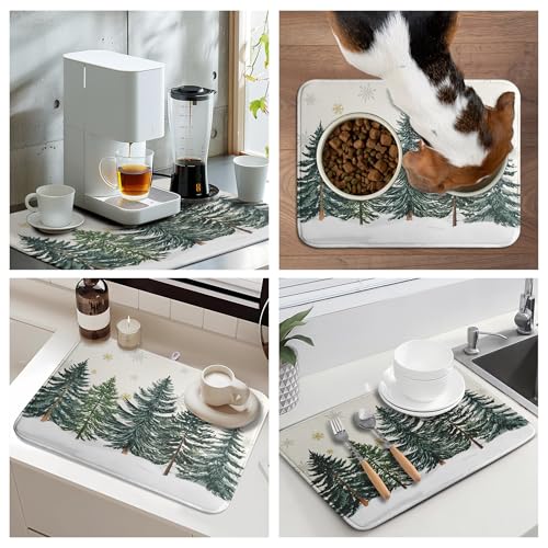 Winter Forest Dish Drying Mat Winter Snowflake Large Kitchen Mats Dish Drying Pad Christmas Tree Absorbent Dish Dryer Mat for Kitchen Countertops Microfiber Drainer Pad Dish Drying Mats
