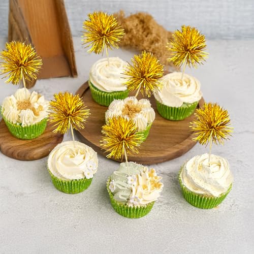 30Pcs Foil Firework Cupcake Toppers Sparkles Fireworks Sticks Birthday Decorations Sparkle Tinsel Cocktail Fruit Toothpick for Birthday Wedding Graduation Party Cake Decorations Gold (30 Count)