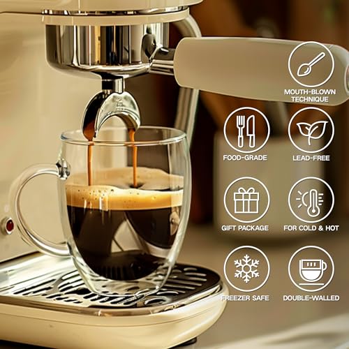 12 Ounces Set of 2 Double Walled Glass Coffee Mugs with Handle Insulated Layer Coffee Cups Borosilicate Glass Espresso Double Insulated Clear Glass Coffee Mug for Hot Beverages (2 Count)
