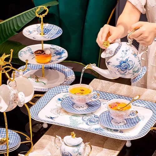 Blue Floral Porcelain Tea Set with 6 Cups and Saucers