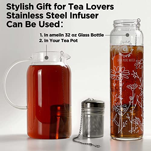 32oz Borosilicate Glass Water Bottle with Bamboo Lid and 2 Tea Infuser Sets for Fruit Infused Water and Cold Brew Coffee