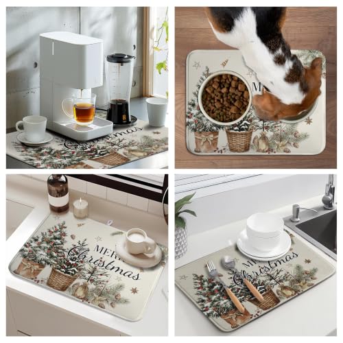 Merry Christmas Dish Drying Mats Winter Xmas Tree Dish Mat Snowflake Drying Matt Dishes Dryer Pad for Kitchen Counter Absorbent Microfiber Washable Foldable Reusable 18x24 in