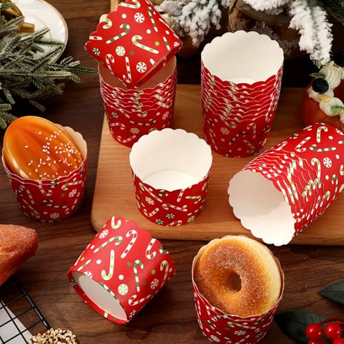 100Pcs Christmas Paper Baking Cups Red Green Candy Cane Cupcake Wrappers Scalloped Edge Cupcake Muffin Cases for Xmas Winter Holiday Party Dessert Decoration (100 Count)