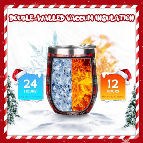 Christmas Wine Tumbler 12 oz Christmas Stainless Steel Wine Glass with Lid and Straw Stemless Double Wall Insulated Wine Cups Keeping Cold & Hot for Holiday Xmas Wedding Party Gifts