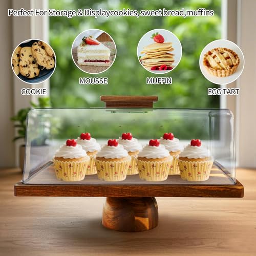 Acacia-Wood-Rectangular-Cake-Stand With Acrylic Lid, 2-in-1 Cake Plates Charcuterie Board With Cover, Cake Holder With Dome, Dessert Table Display Stand