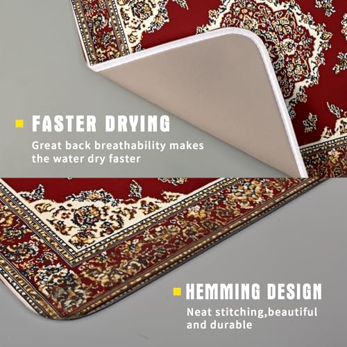 Vintage Boho Dish Drying Mat Antique Tribal Rustic Red Floral Dish Drainer Mats 16"x18" Ethnic Carpet Microfiber Reversible Dish Drying Rack Pad Protector for Kitchen Countertop Decor