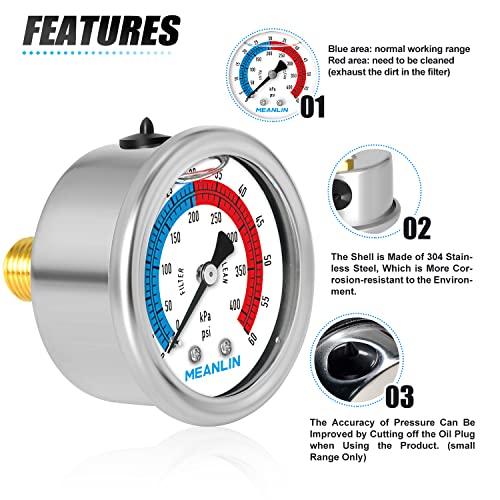 1/4" NPT 0-60psi Pressure Gauge, 2" Dial Glycerine Filled Pool Filter, 304 Stainless Steel Housing, Back Mount, with 1/2" NPT and 3/8" NPT Hex Bushing