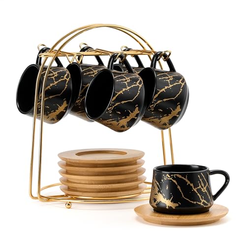 Ceramic Espresso Cups with Saucers and Metal Stand (7.6 Count)