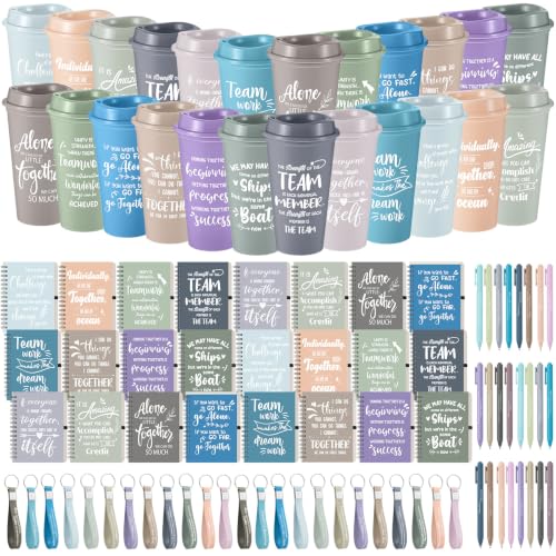 24 Set 96 Pcs Team Appreciation Gift Set Inspirational Employee Appreciation Gift Bulk 16 oz Coffee Cups with Team Notebook Pen Keychains for Staff Teacher (24 Count)