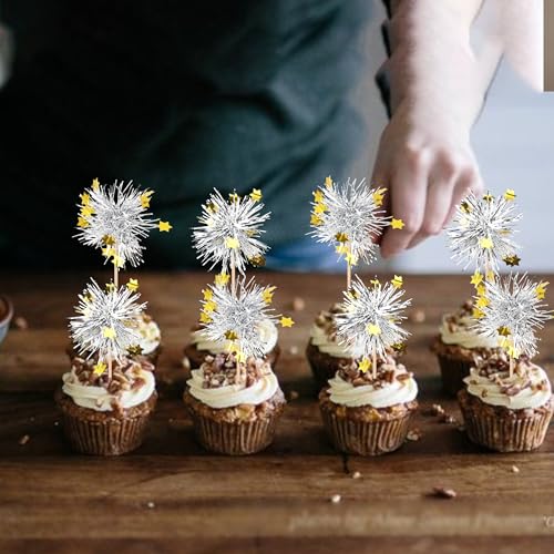 30 PCS Foil Firework Cupcake Toppers Happy Birthday Star Cupcake Picks Sparkle Tinsel Drink Stirrers Cocktail Fruit Toothpicks for Valentine's Day Wedding Birthday Party Decorations Supplies Silver (30 Count)