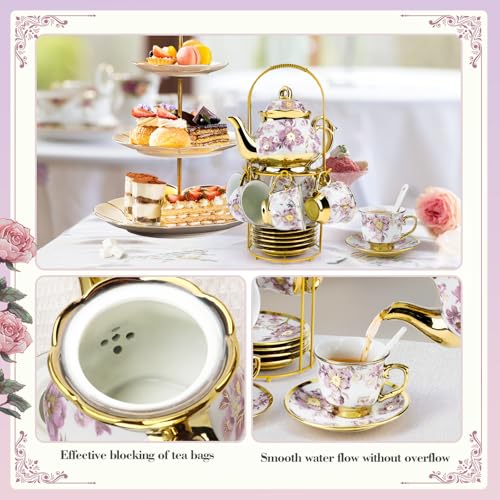 20 Pcs Porcelain Tea Set with Metal Holder (20 Count)
