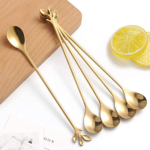 6 Piece Elegant Gold Leaf Long Handle Teaspoons (6 Count)