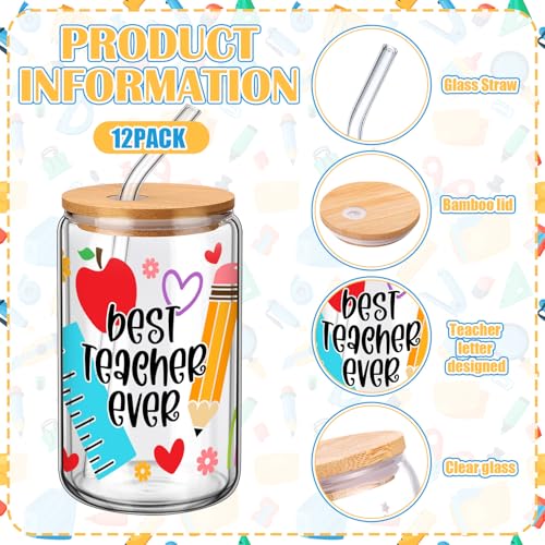 12 Sets Back to School Teacher Gifts Bulk 16 oz Apple Crayon Pencil Glass Cup with Lid and Straw Iced Coffee Tumbler for Teacher from Students First Day of School Party Favors (12 Count)