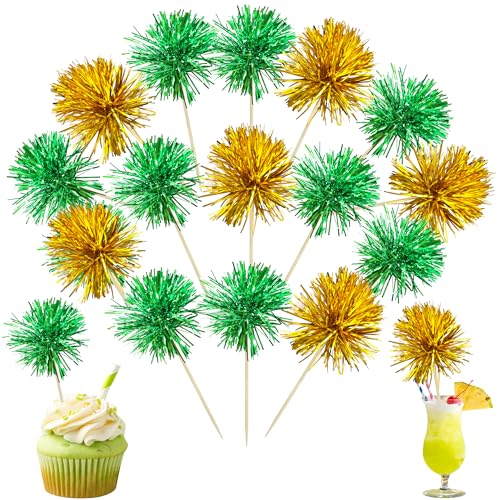 30Pcs Foil Firework Cupcake Toppers Sparkle Tinsel Cupcake Picks Birthday Cake Decorations Drink Stirrers Cocktail Food Fruit Toothpicks for Baby Shower Graduation Party Supplies Green Gold (30 Count)