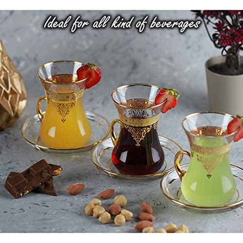 Gold Turkish Arabic Moroccan Tea Glasses Cups Set of 6 and Saucers Glassware Drinking Women Party Fancy Drinkware Style Vintage Persian Kitchen Decor Drinks (6 Count)