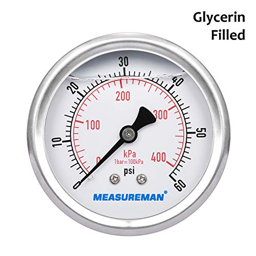 2-1/2inch Dial Size, Liquid Filled Pressure Gauge, 0-60psi/400kpa, 304 Stainless Steel Case, 1/4inchNPT Back Mount