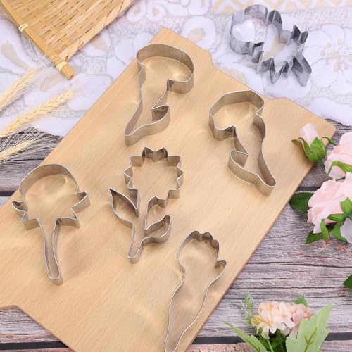 6Pcs Flower Cookie Cutters Biscuit Cutter Spring Tulip Peony Sunflower Rose Floral Stem Stainless Steel Cookie Cutting Molds for Mother' s Day Home DIY Baking Supplies (6 Count)