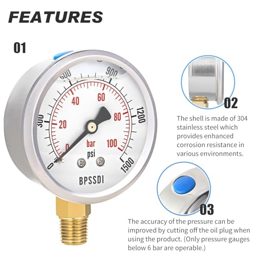 0 1500 Psi Glycerin Liquid Filled Hydraulic Pressure Gauge