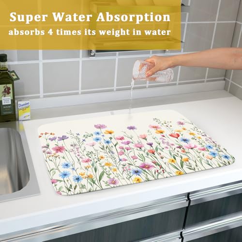 Spring Floral Dish Drying Mat 18"x24" Watercolor Summer Wildflower Dish Drainer Mats Herb Flower Reversible Absorbent Dish Drying Pad Decor for Kitchen Countertop Dining Room