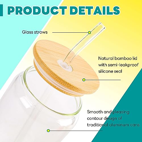 4pcs 16Oz Glass Cups with Bamboo Lids and Straws Drinking Glasses (4 Count)